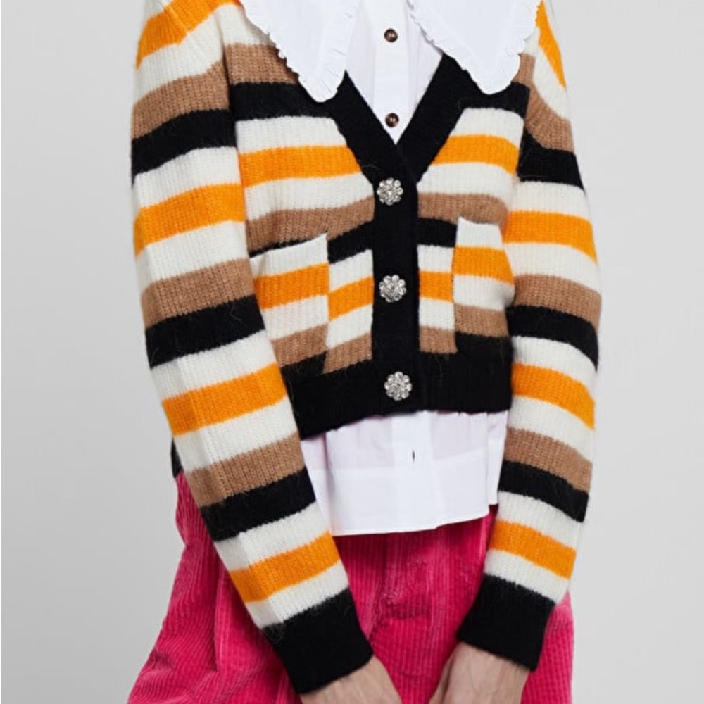 GANNI Striped Cardigan Sweater - Black, White, Tan, Orange